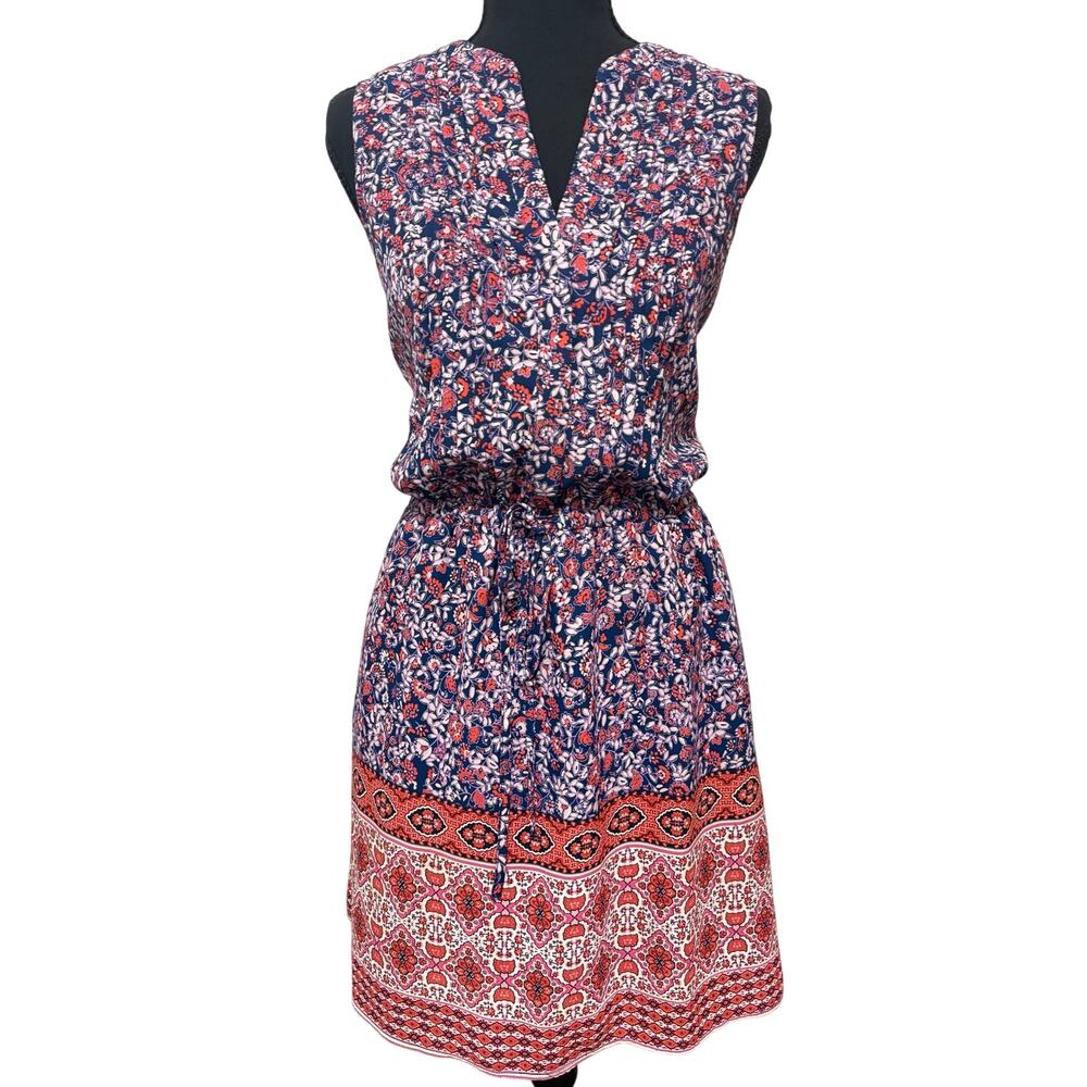 GAP Navy Coral Floral Border Print Sleeveless Tie Waist Shift Dress Small